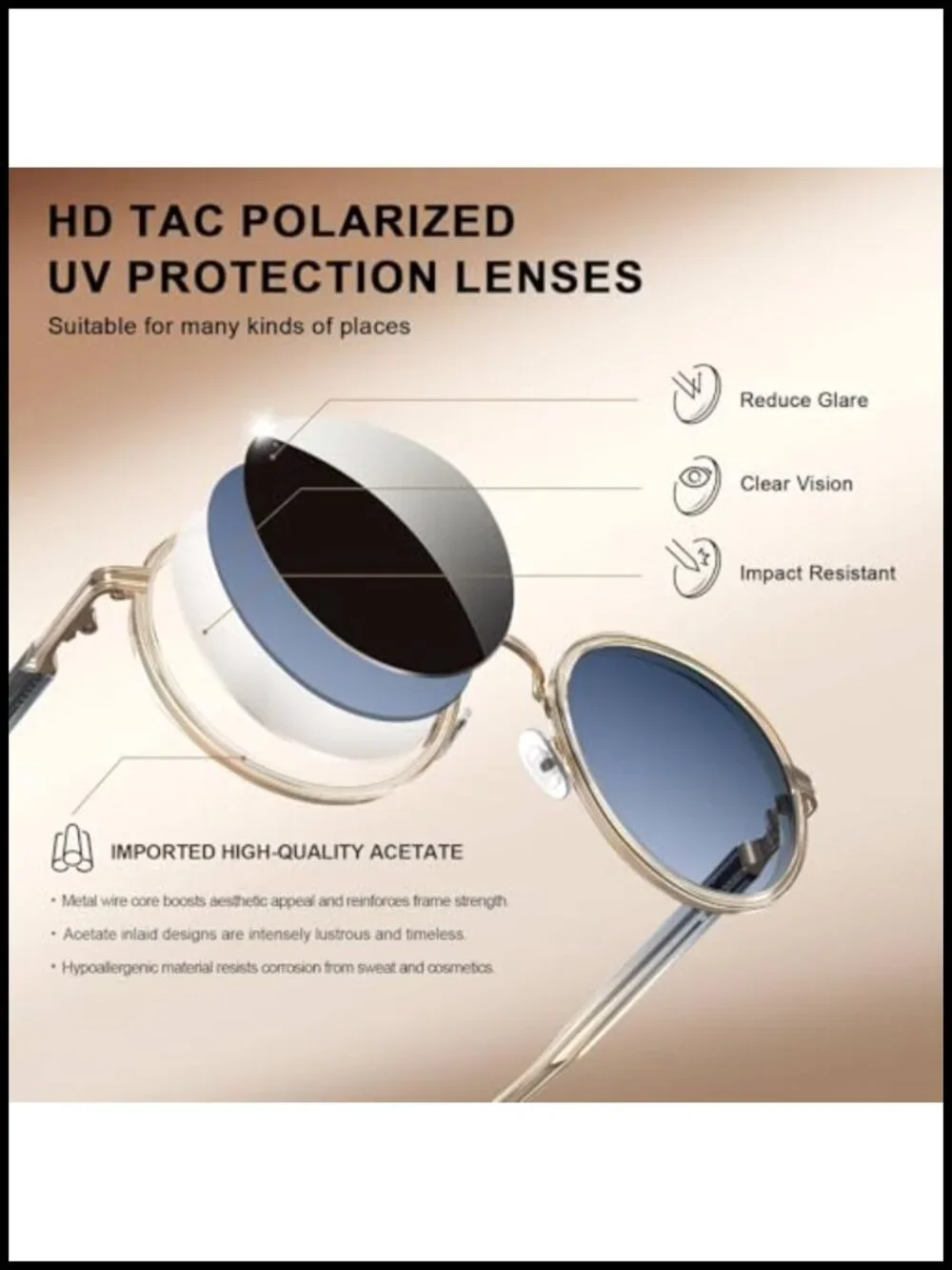 Retro Round Sunglasses Polarized UV Protection Acetate-Metal Frame CA1951